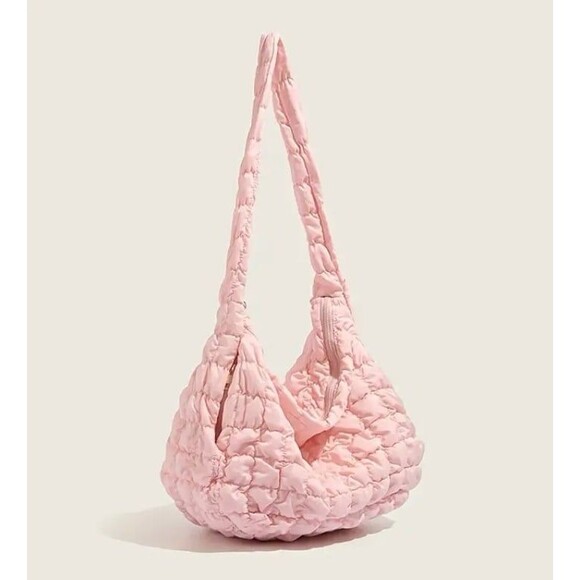 Light Pink Quilted Puffer Shoulder Tote Bag Large Capacity Travel Purse - Picture 5 of 6